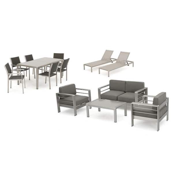Noble House 13-Piece Metal and Faux Rattan Patio Dining, Conversation and Lounge Set with Khaki Cushions