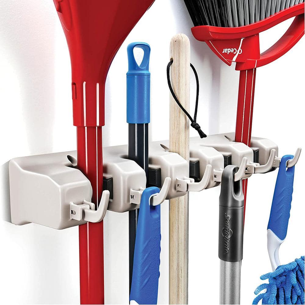 Mop and Broom Holder Wall Mount - Heavy Duty Broom Holder Wall Mounted or Tool Organizer for Home Garden Garage and Storage (5 Positions with 6 Hooks)