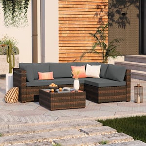 5-Piece Brown Wicker Patio Conversation Set Outdoor Sectional Sofa Set with Coffee Table and Dark Gray Cushions