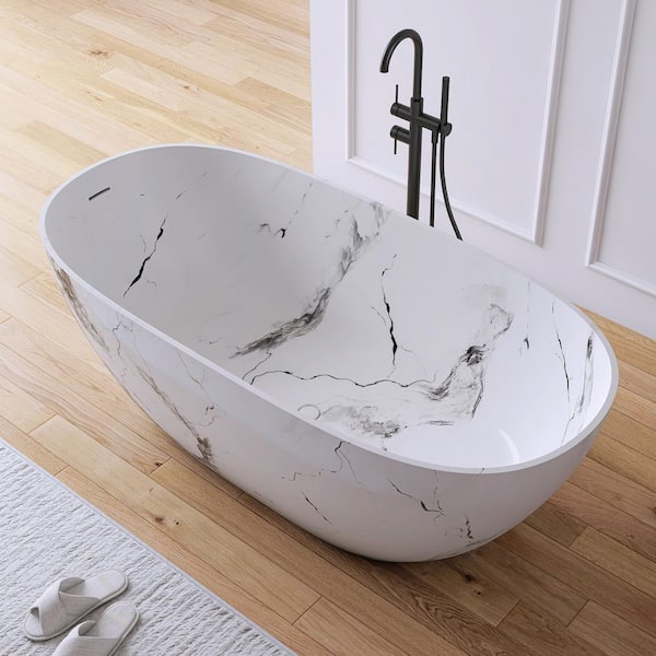 63 in. x 30 in. Stone Resin Solid Surface Flatbottom Freestanding Soaking Bathtub in White with Marble Water Transfer