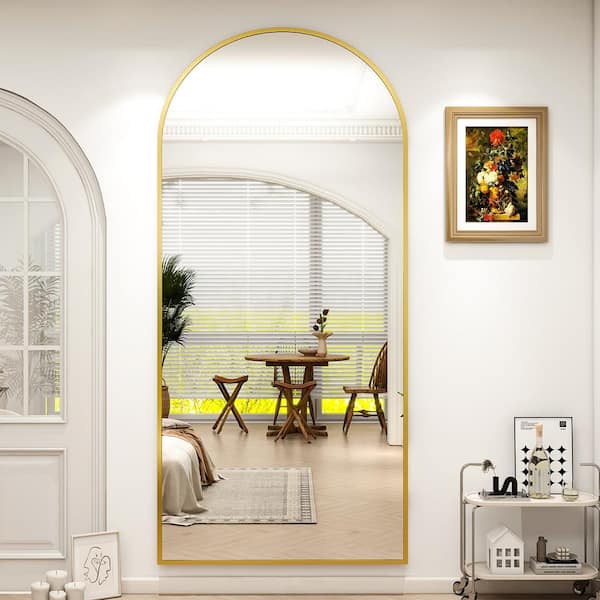 XRAMFY 33 in. W x 76 in. H Arched Classic Aluminum Alloy Framed Gold Oversized Full Length Mirror Wall Mirror