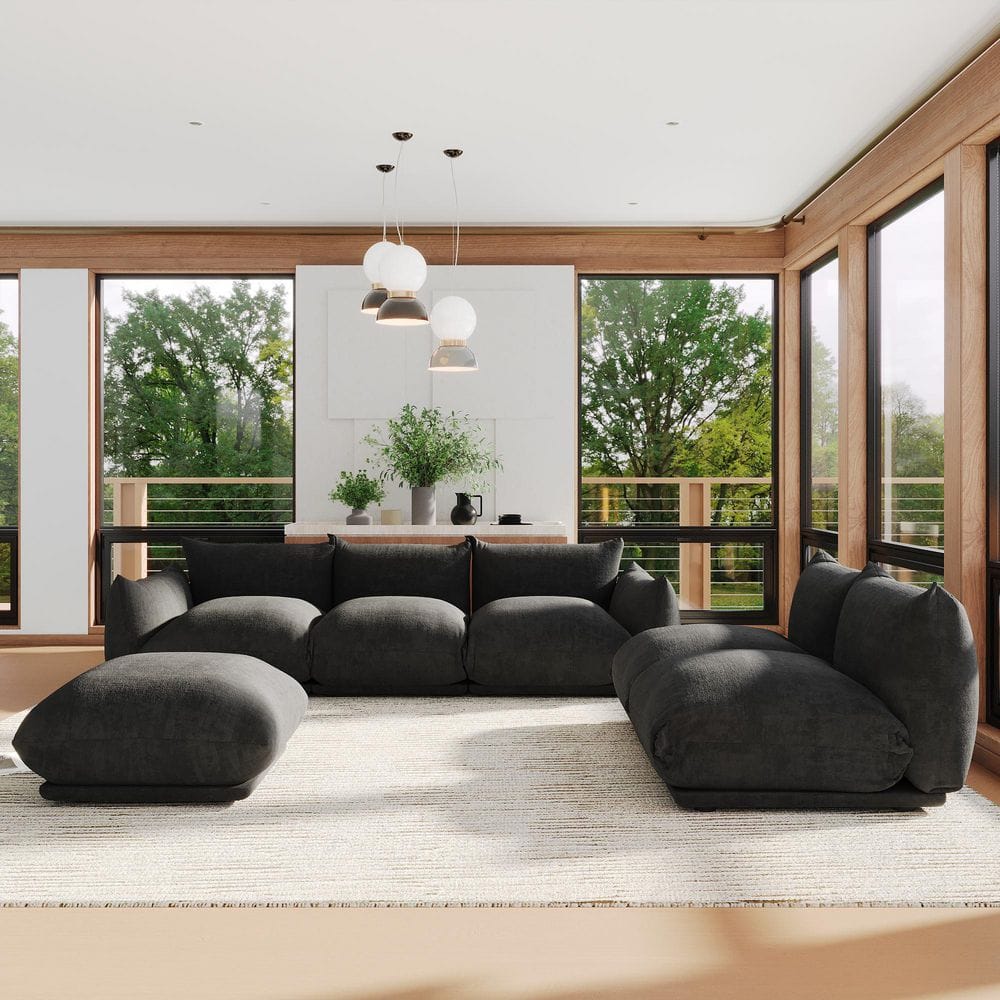 103.93 in Wide Square Arm Chenille Modern Modular Sectional Deep Seat Foam Filled Sofa with Ottoman in Black price history on PriceWatchPro