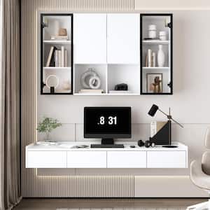 59 in. W White Wood Floating Desk Office Home Wall Mounted Computer Desk with Bookshelf, Drawers and Glass Doors
