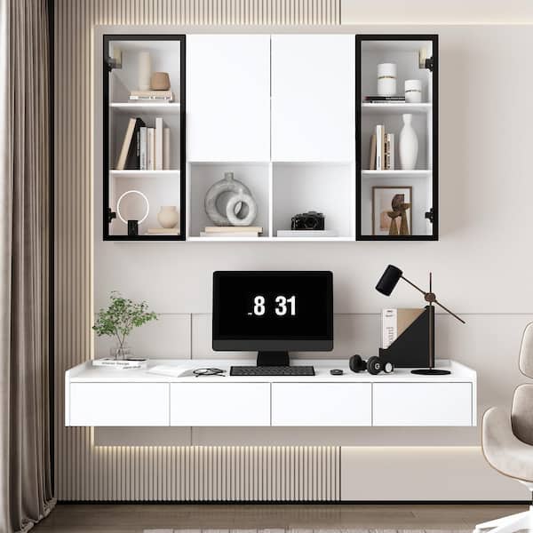 FUFU&GAGA 59 in. W White Wood Floating Desk Office Home Wall Mounted Computer Desk with Bookshelf, Drawers and Glass Doors
