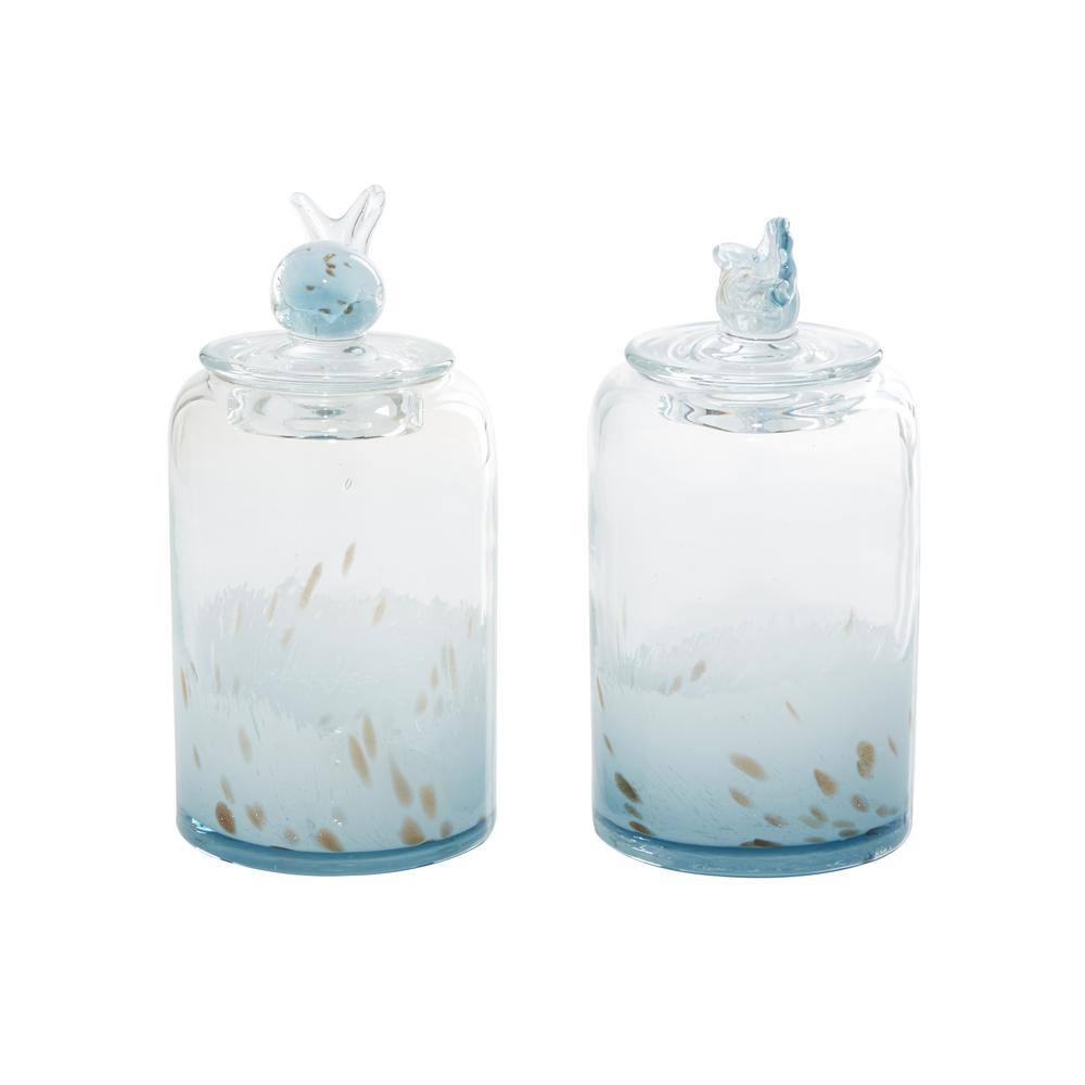 Blue Glass Whale and Seashell Decorative Jars, Set of 2