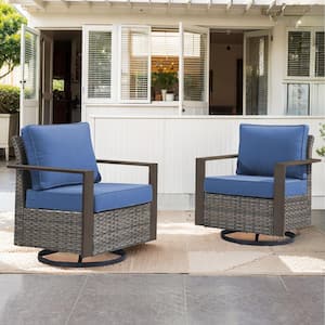 Allcot Gray Wicker Patio Swivel Chair Set Outdoor Rocking Chair with CushionGuard Blue Cushions (2-Pack）