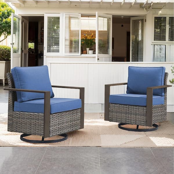 Gymojoy Allcot Gray Wicker Patio Swivel Chair Set Outdoor Rocking Chair with CushionGuard Blue Cushions (2-Pack）