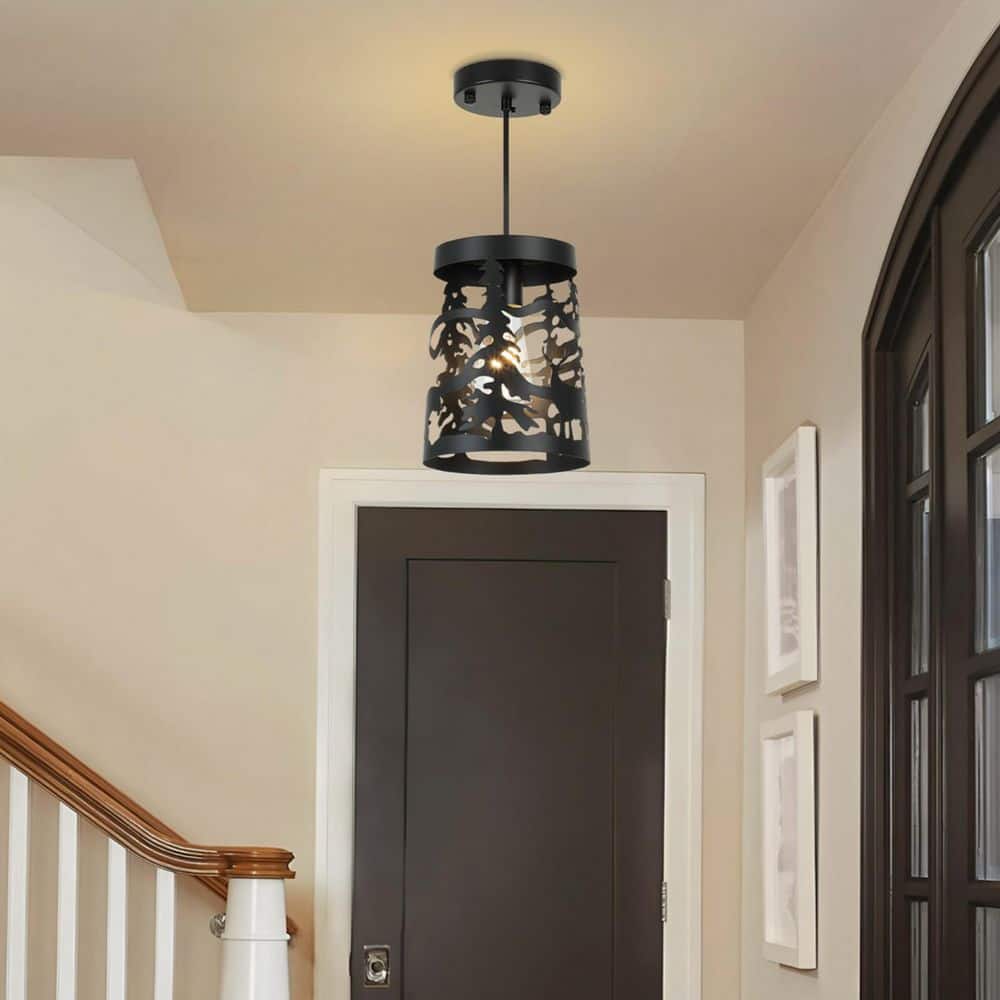 1-Light Matte Black Adjustable Cord Mini Pendant Light with Ambient Rustic Nature Cutout Metal Shade price history on PriceWatchPro