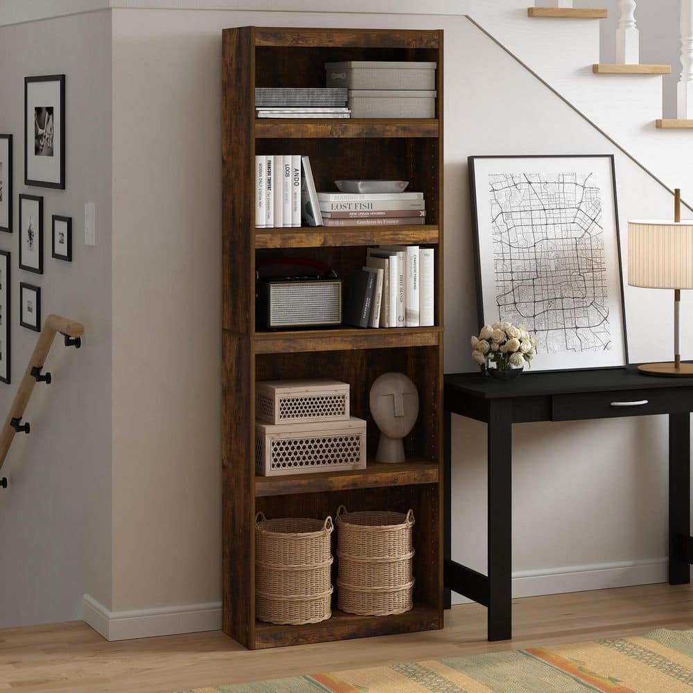 Jaya 71.1 in. Tall Amber Oak Wood 5-Shelf Bookcase
