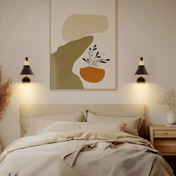 (2-Pack) 7.28 in. 1-Light Black and Gold Wall Sconce with Bell-Shaped Shade and Dual Swing Arms, E26 Base, Dimmable