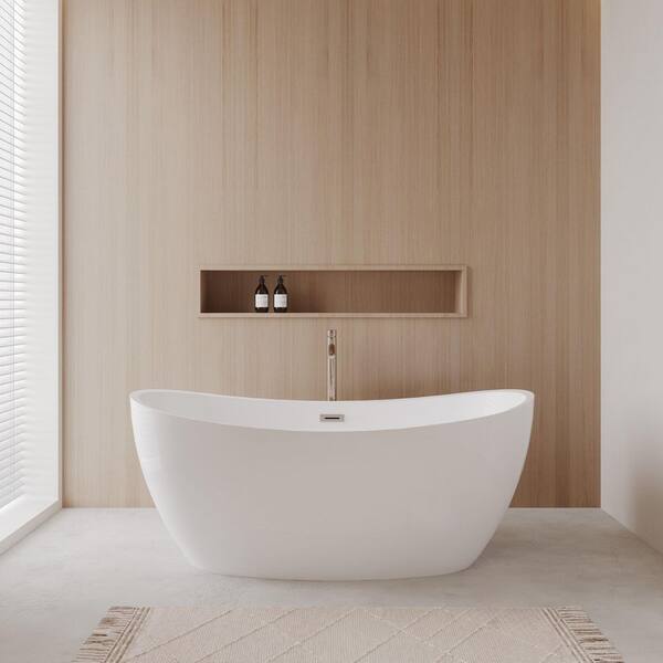 Wyndham Collection Dorrit 66 in. L x 32 in. W Soaking Bathtub with Center Drain in White/Brushed Nickel Trim