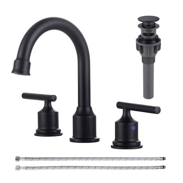 8 in. Widespread 3 Hole Double Handle Bathroom Faucet with Pop-up Drain and cUPC Water Supply Lines in Matte Black