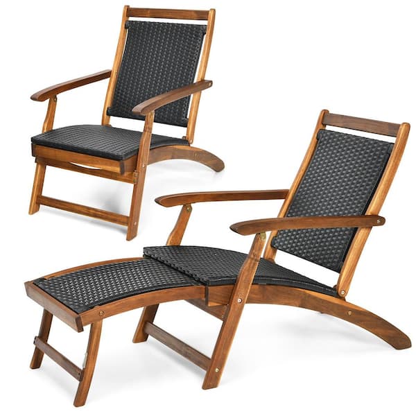 Gymax Footrest Folding Patio Acacia Wood Deck Chair Rattan Chaise Lounge Chair (Set of 2)