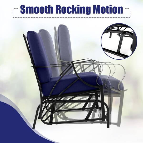 Metal Outdoor Rocking Chair Patio Glider with Navy Blue Thick Cushion and Curved Armrest(1-Pack)