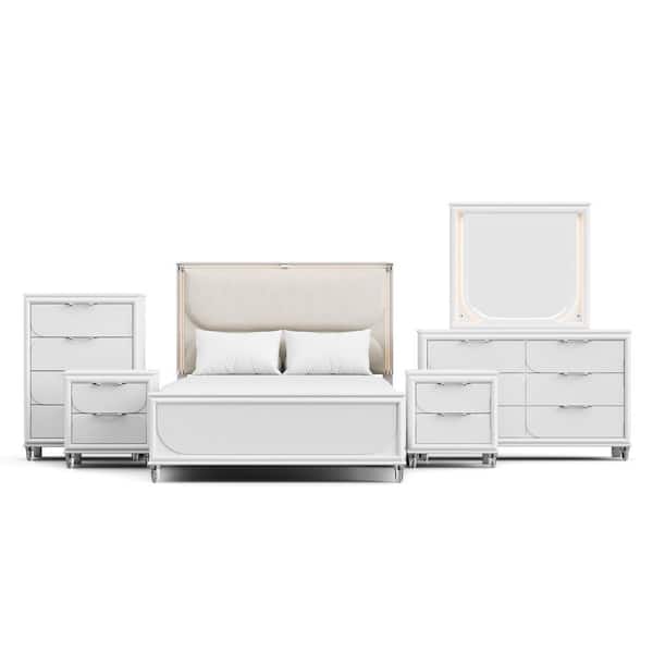 Glosan 6-Piece Pearl White Wood Frame Full Platform Bedroom Set with LED on Headboard and Mirror, Hidden Jewelry Drawers
