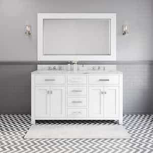 Madison 60 in. Vanity in Modern White with Marble Vanity Top in Carrara White and Matching Mirror