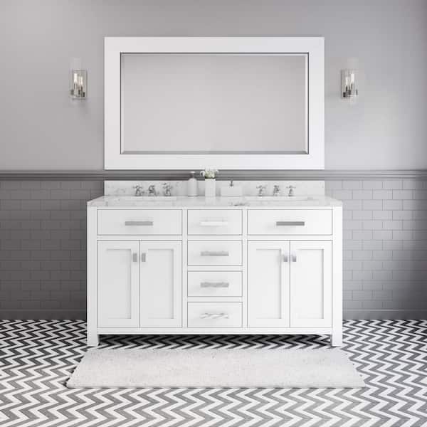 Water Creation Madison 60 in. Vanity in Modern White with Marble Vanity Top in Carrara White and Matching Mirror