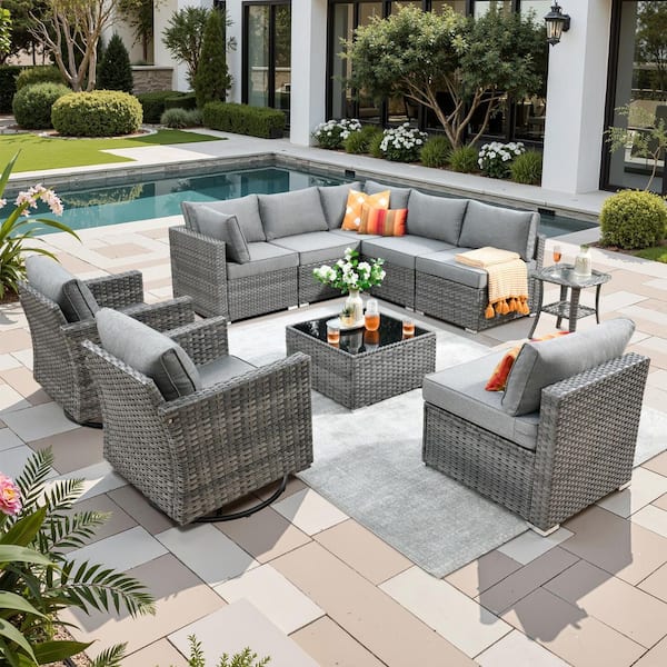 Toject Sanibel Gray 10-Piece Wicker Outdoor Patio Conversation Sofa Set with Swivel Rocking Chairs and Dark Gray Cushions
