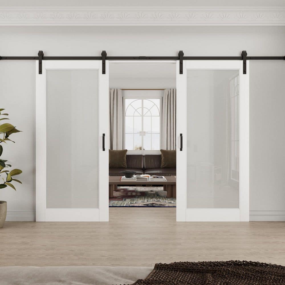 68 in. x 80 in. 1-Lite Tempered Frosted Glass White Primed MDF Composite Sliding Barn Door with Hardware Kit price history on PriceWatchPro