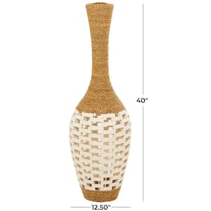 40 in. Brown Handmade Wrapped Tall Floor Seagrass Decorative Vase with Open Framed Cream Bamboo Center