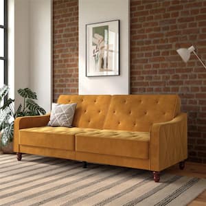 Vintage Tufted Split Back Futon, Mustard Yellow Velvet