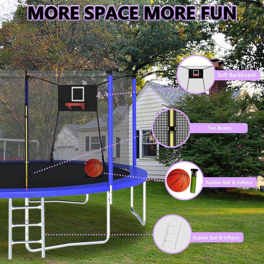 14 ft Blue Round Outdoor Trampoline with Enclosure Net and Ladder