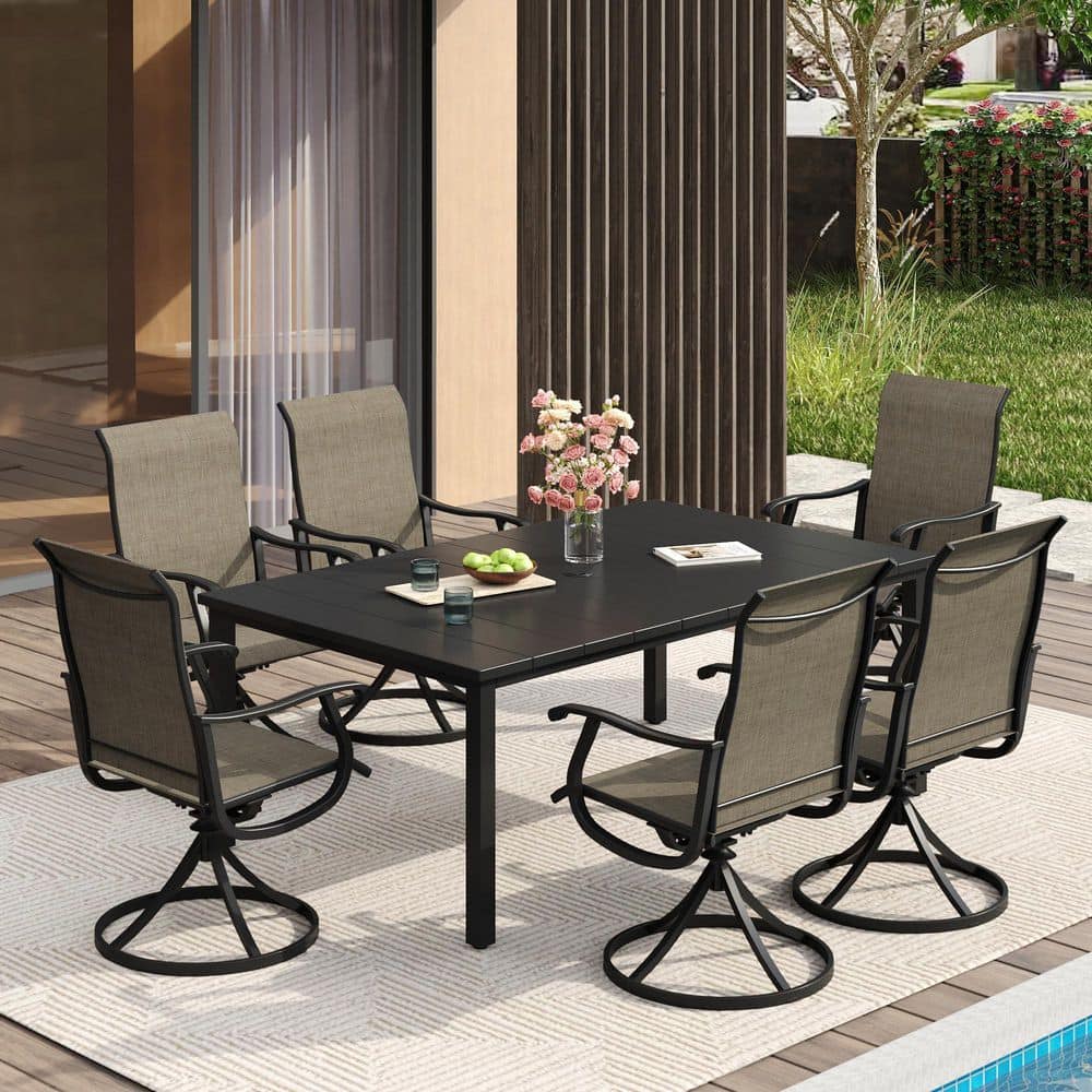 7-Piece Metal Outdoor Dining Set with 63 in. Black Rectangle Table and 6 Brown Swivel Patio Dining Chairs price history on PriceWatchPro