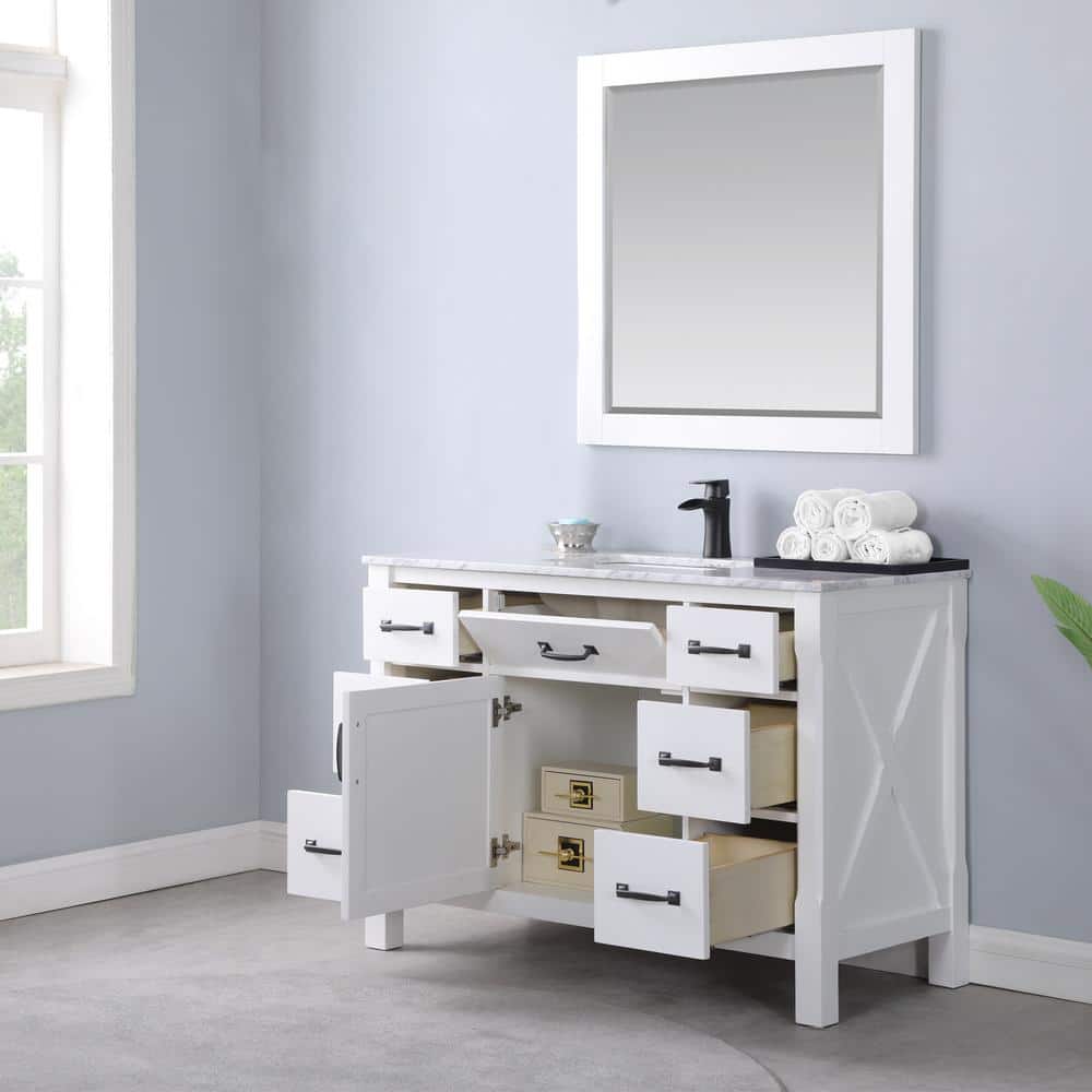 Maribella 48" White Marble Countertop Single Vanity with Mirror