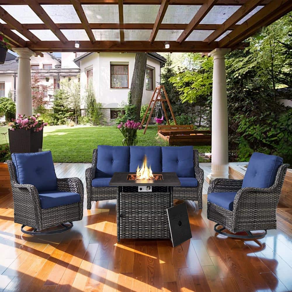 Arcline 4-Piece Gray Wicker Fire Pit Conversation Set with Olefin Blue Cushions and Swivel Glider Chairs price history on PriceWatchPro