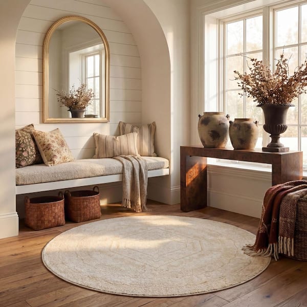 Adirondack 8 ft. x 8 ft. Round Ivory/Beige Border Medallion Area Rug