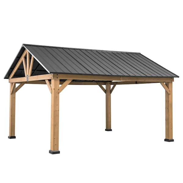 Sunjoy 13 ft. x 15 ft. Outdoor Black Wooden Frame Steel Gable Roof Backyard Hardtop Gazebo Pavilion with Ceiling Hook