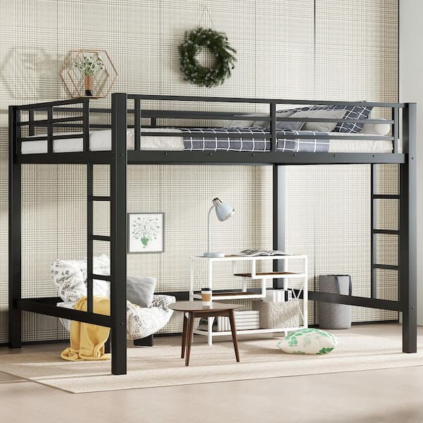 Black Queen Metal Loft Bed with Easy Climbing Ladder and Guardrails