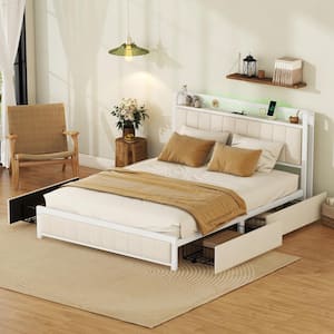 Beige Metal Frame Queen Size Linen Upholstered Platform Bed with LED Lighted Headboard, 4-Drawer, USB Ports, Pegboard