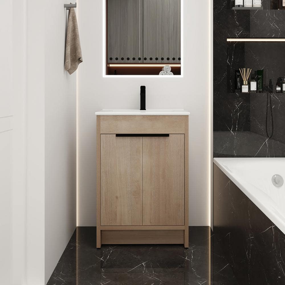 24 in. W x 18.3 in. D x 34 in. H Freestanding Bathroom Vanity in Plain Light Oak with White Ceramic Top price history on PriceWatchPro