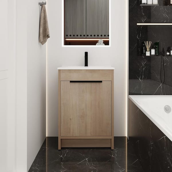 Staykiwi 24 in. W x 18.3 in. D x 34 in. H Freestanding Bathroom Vanity in Plain Light Oak with White Ceramic Top