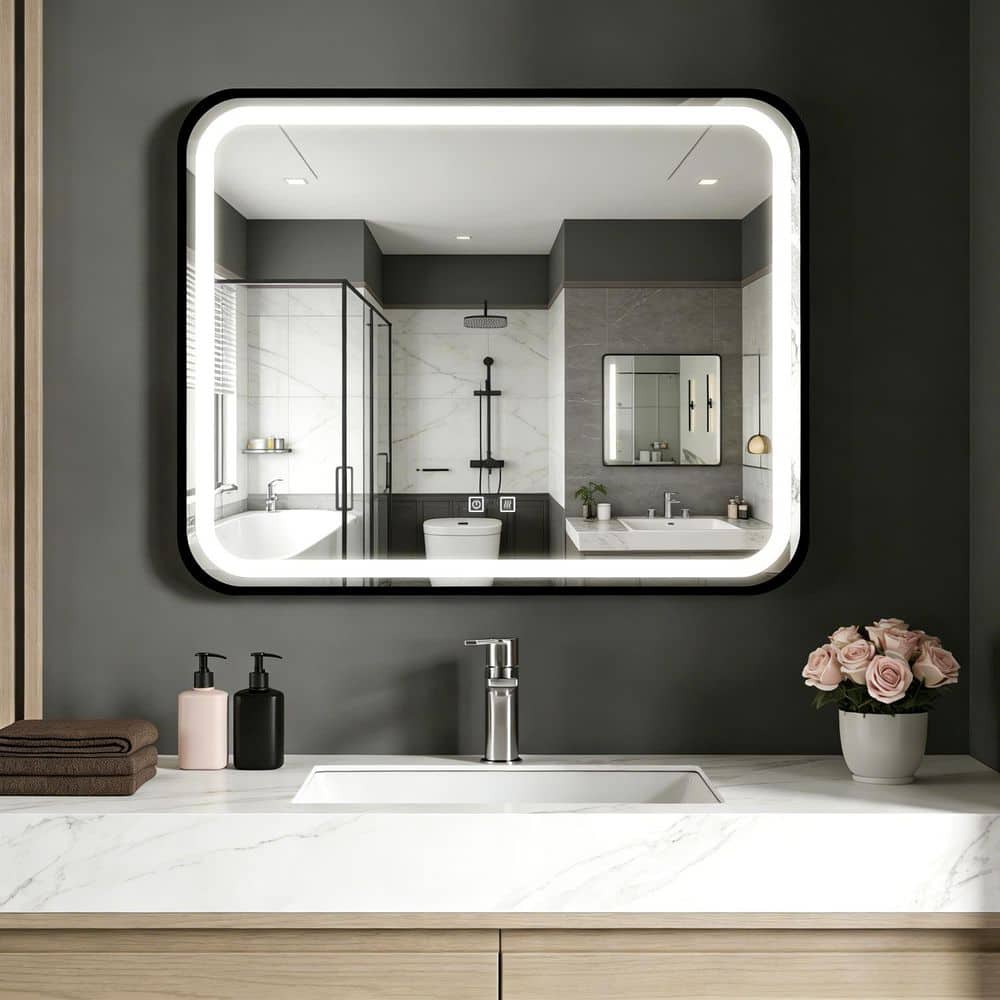 AIKVSXER 40 in. W x 32 in. H Rectangular Black Framed LED Light