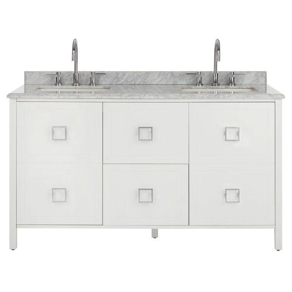 Home Decorators Collection Drexel 60 in. W Vanity in White with Natural Marble Vanity Top in Natural with White Sinks