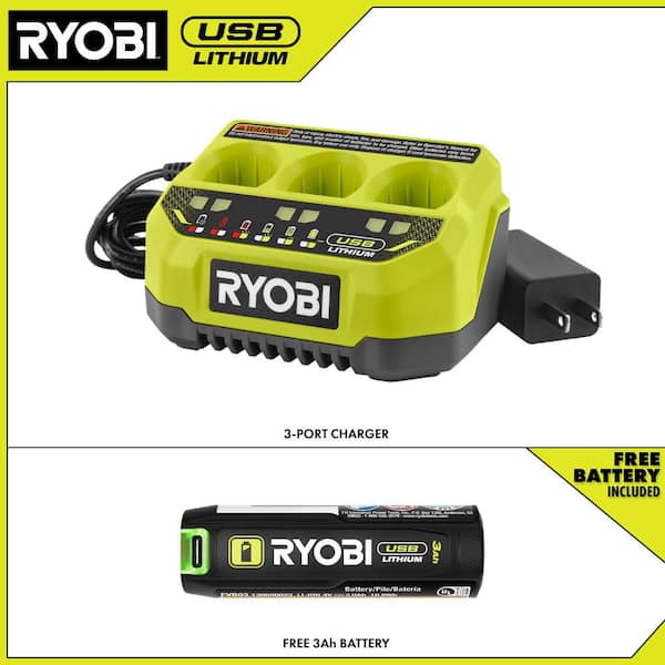 USB Lithium 3-Port Charger with FREE USB Lithium 3.0 Ah Rechargeable Battery