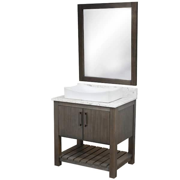 Novatto Ocean Breeze 31 in. W x 22 in. D x 31 in. H 1-White Sink ORB Bath Vanity in Cafe w/ Coffee Quartz Top Plus Mirror