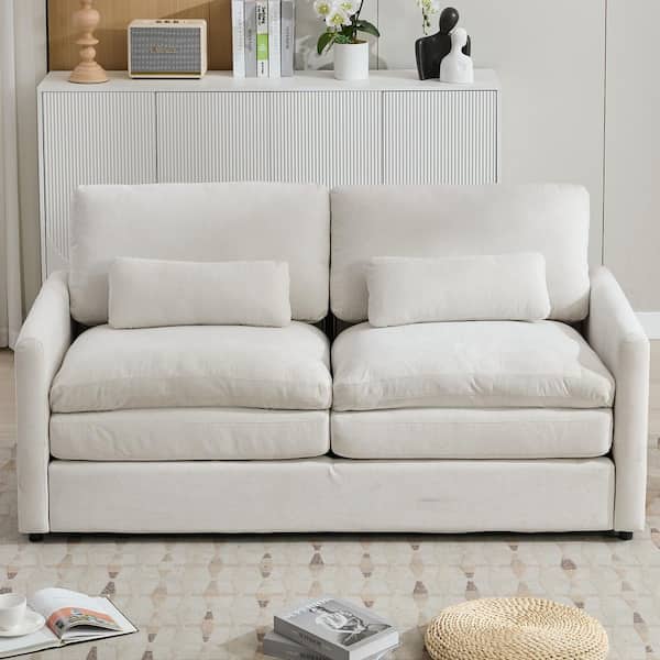68.1 in. Wide Straight Arm Chenille Modern Rectangle Reclining Sofa with Double Cushion in Beige
