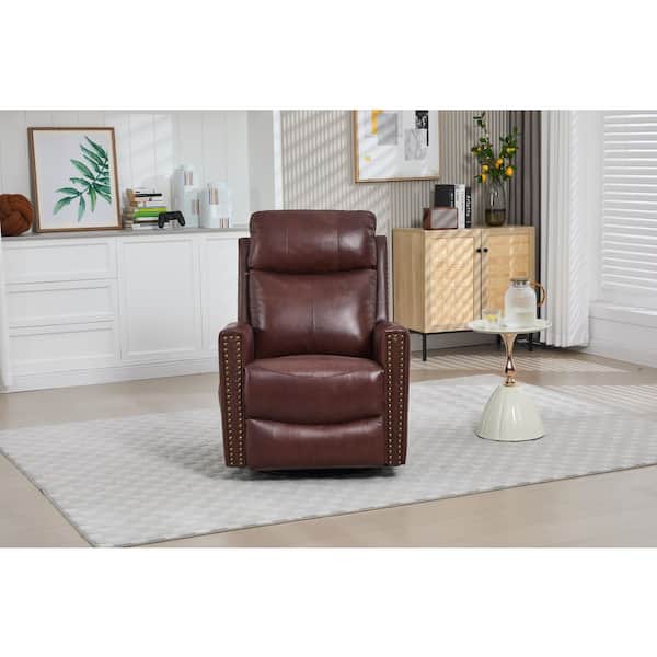 Wine Red Genuine Leather Swivel Recliner with Rocking Function Massage and Lumbar Heat