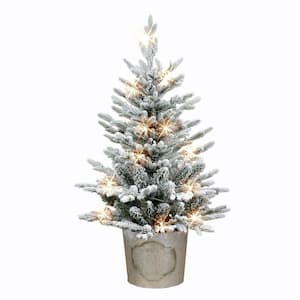 3 ft. B/O PE/PVC Potted Flocked Artificial Christmas Tree, 458 Tips, 50 Warm White LED Light