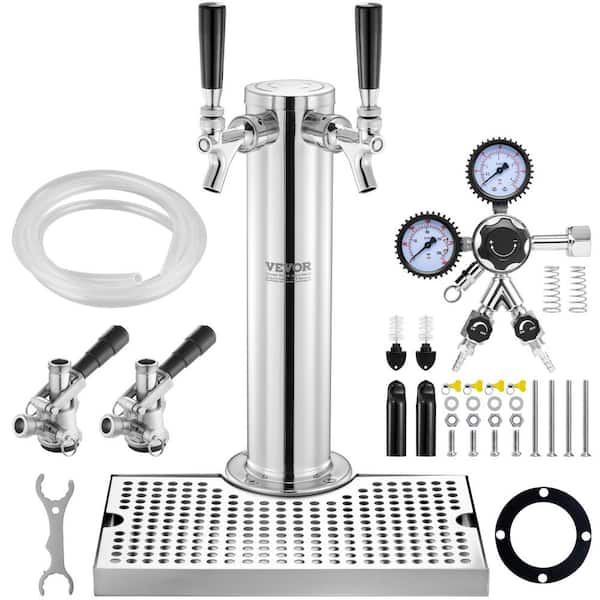 VEVOR Kegerator Tower Kit Dual Taps Beer Conversion Kit Silver Stainless Steel Keg Beer Tower Dispenser with Dual Gauge CGA320