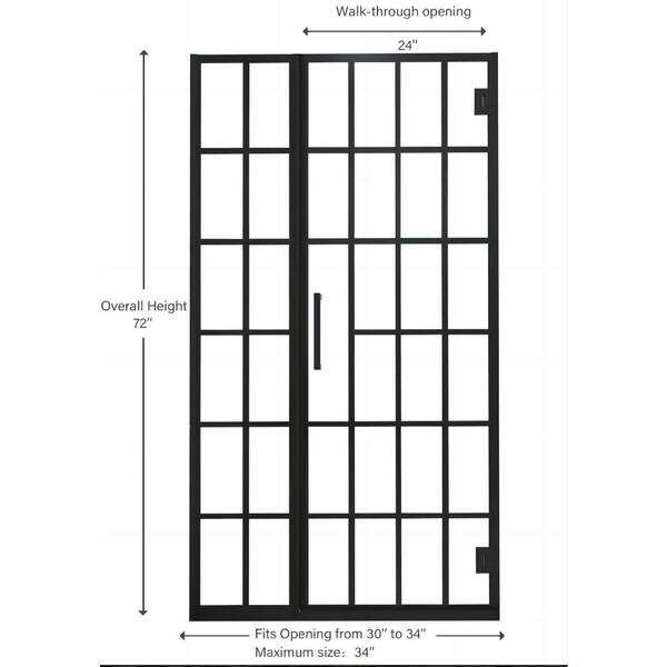 ANGELES HOME 34 in. W x 72 in. H Pivot Frameless Shower Door in Matte Black with Pattern Glass