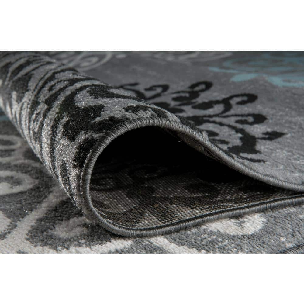 Gray and Blue Floral Synthetic Area Rug