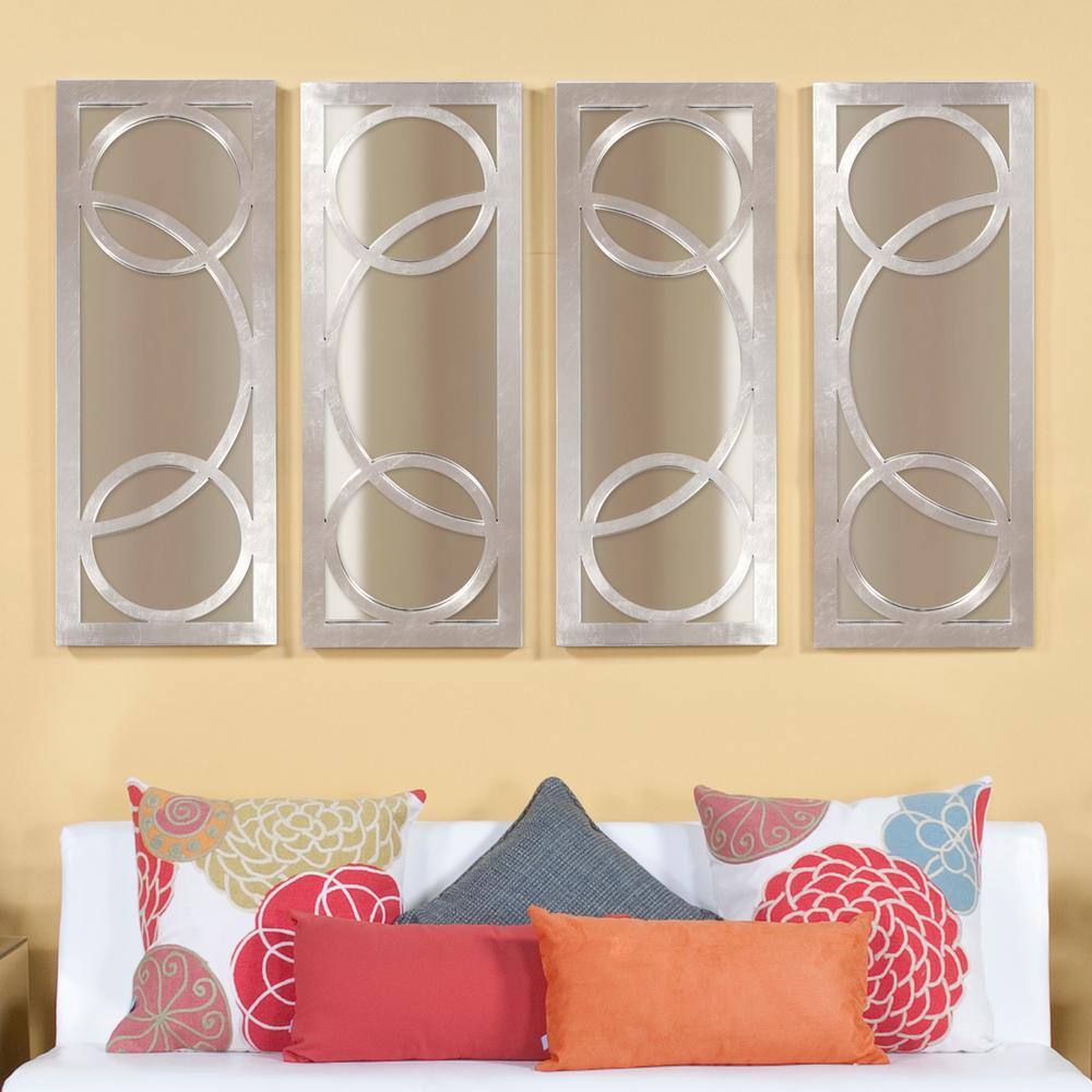 Silver Rectangular Wall Mirror with Circular Overlay, 38" x 15"