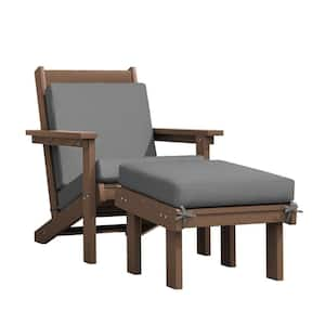 Classic Outdoor Patio HDPE Plastic Adirondack Chair with Footrest Ottoman in Brown