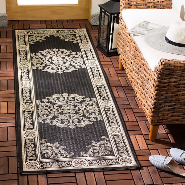 Courtyard Black/Sand 2 ft. x 14 ft. Floral Indoor/Outdoor Patio  Runner Rug