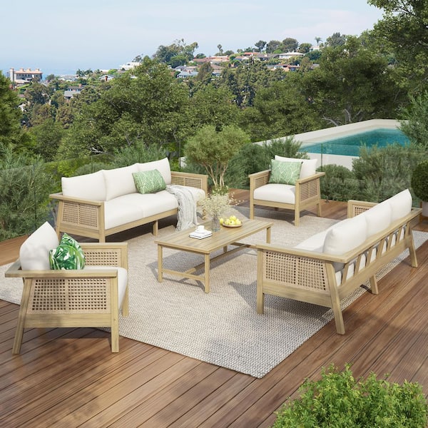 Renee 5-Piece Solid Wood and PE Wicker Outdoor Patio Conversation Set with Cream Cushions, Light Teak