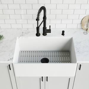 Matte Stone White Composite 30 in. Single Bowl Flat Farmhouse Kitchen Sink with Faucet in Matte Black and Accessories